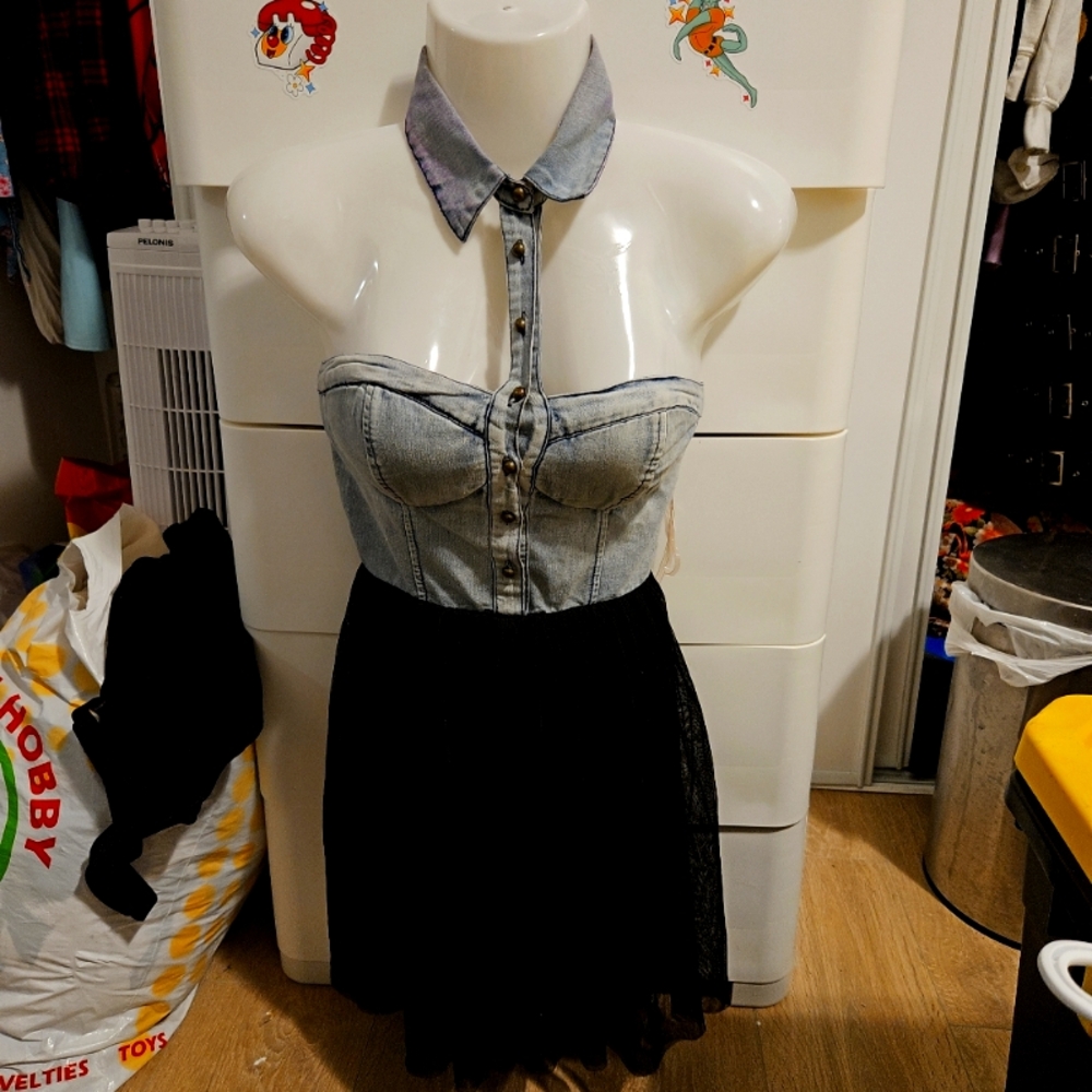 Denim and Black Tulle Halter Dress
